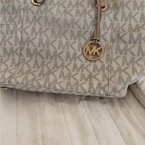 Michael Kors Cream Beige MK Logo Tote with Gold Charm